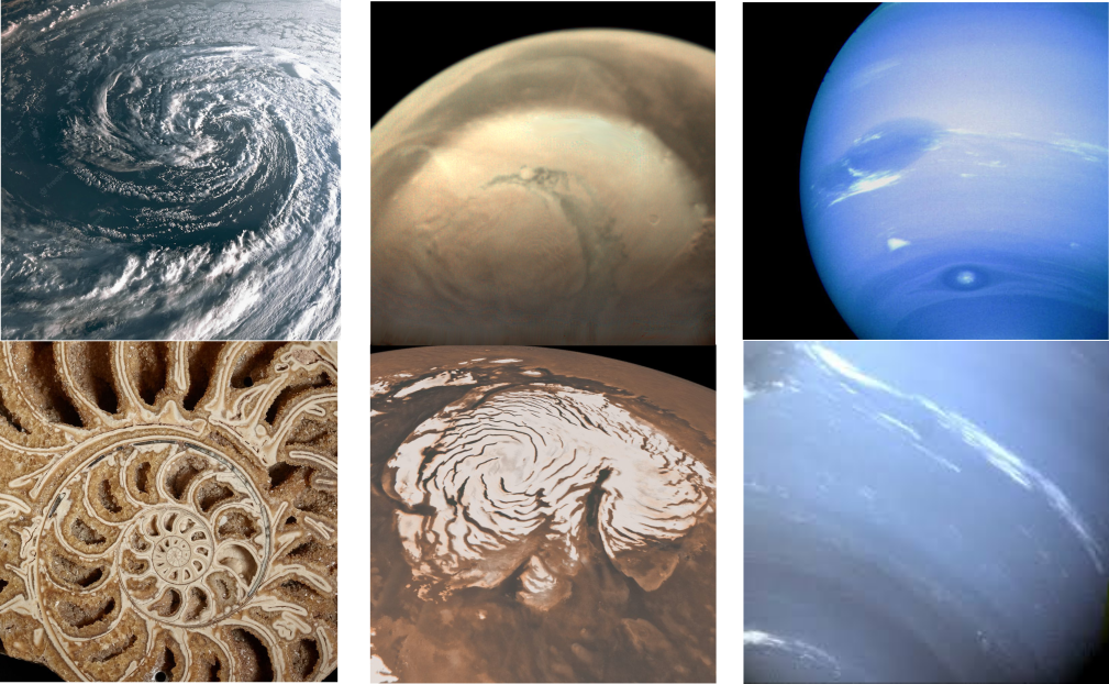 Unique spiral geometries form on Earth, Mars and Neptune as a result of each planet's cosmological character.